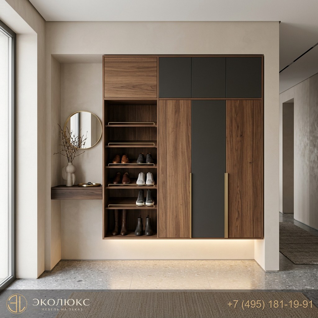 Встроенная прихожая с антресолью и подсветкой